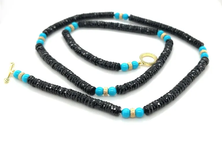 Sleeping Beauty Turquoise and Black Spinel and Gold Beaded Necklace