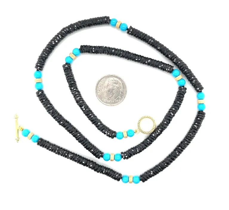 Sleeping Beauty Turquoise and Black Spinel and Gold Beaded Necklace