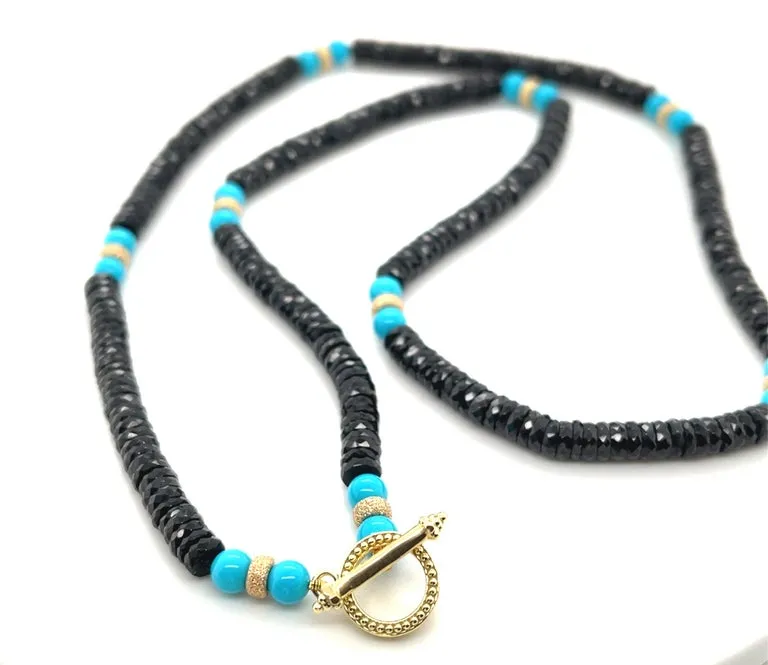 Sleeping Beauty Turquoise and Black Spinel and Gold Beaded Necklace