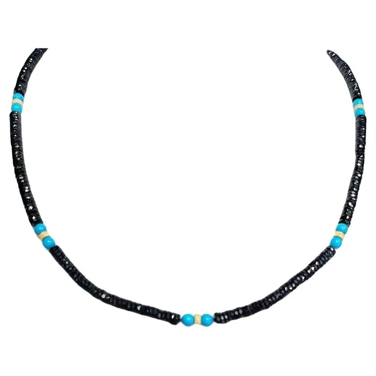 Sleeping Beauty Turquoise and Black Spinel and Gold Beaded Necklace