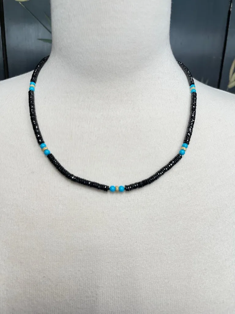 Sleeping Beauty Turquoise and Black Spinel and Gold Beaded Necklace